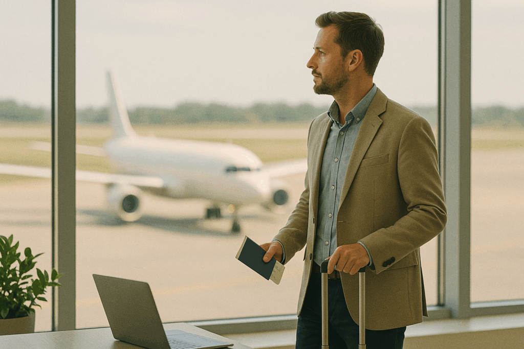 Man at airport looking out window travel papers in hand A well-dressed man holding a U.S. passport and suitcase at an airport terminal, symbolizing international mobility and second citizenship planning for Americans.